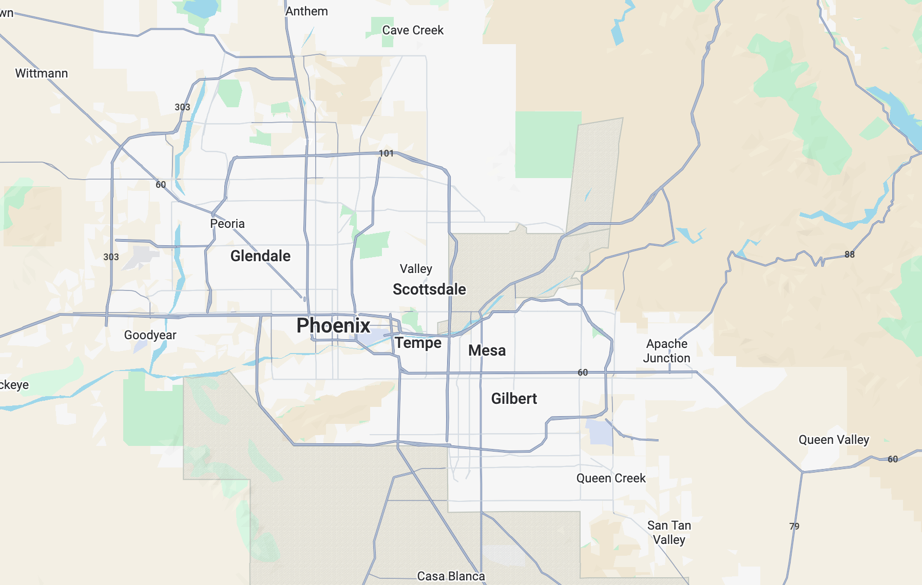 Map of Plumber Priority One service area in the Greater Phoenix Metro