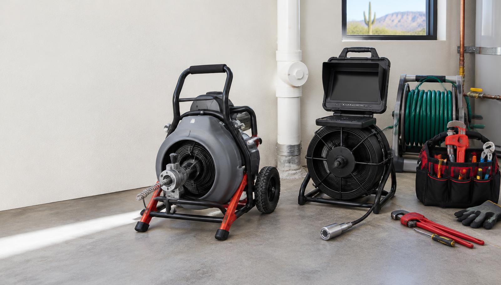 Drain cable machine, sewer camera and water hose beside a plumbing cleanout