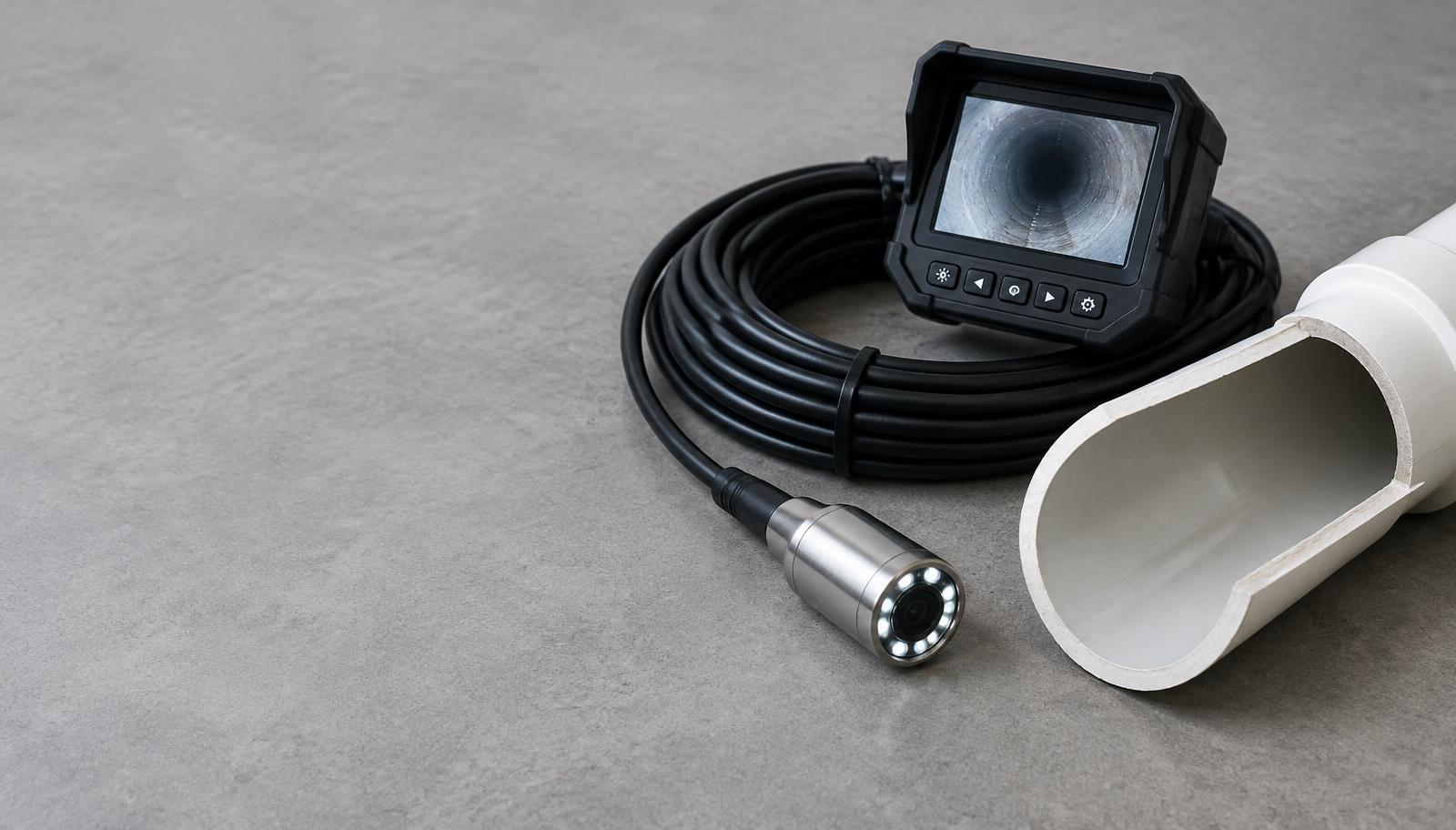 Sewer inspection camera and cable beside a cutaway drain pipe