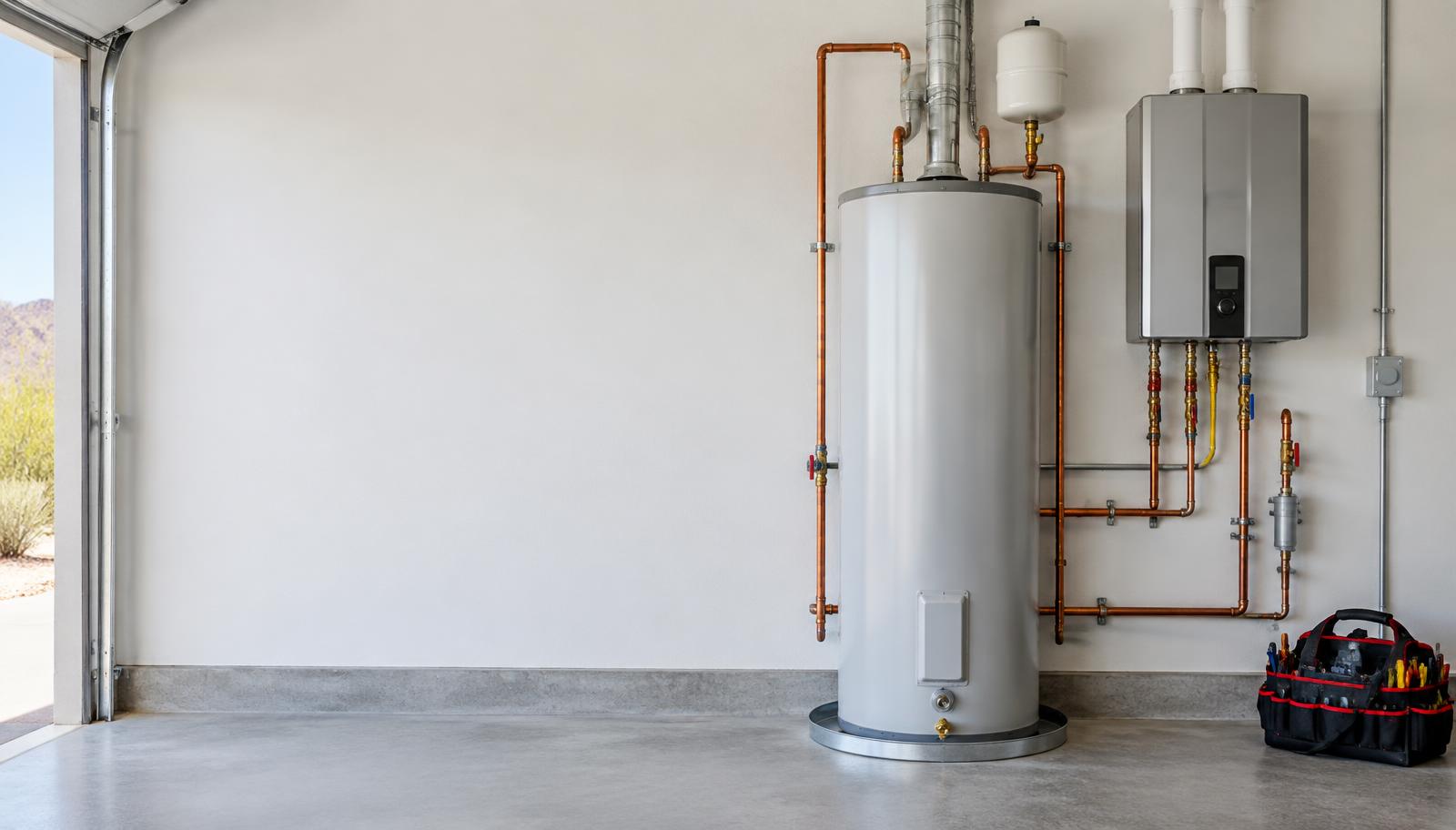 Storage tank and wall-mounted tankless water heaters in a garage utility space