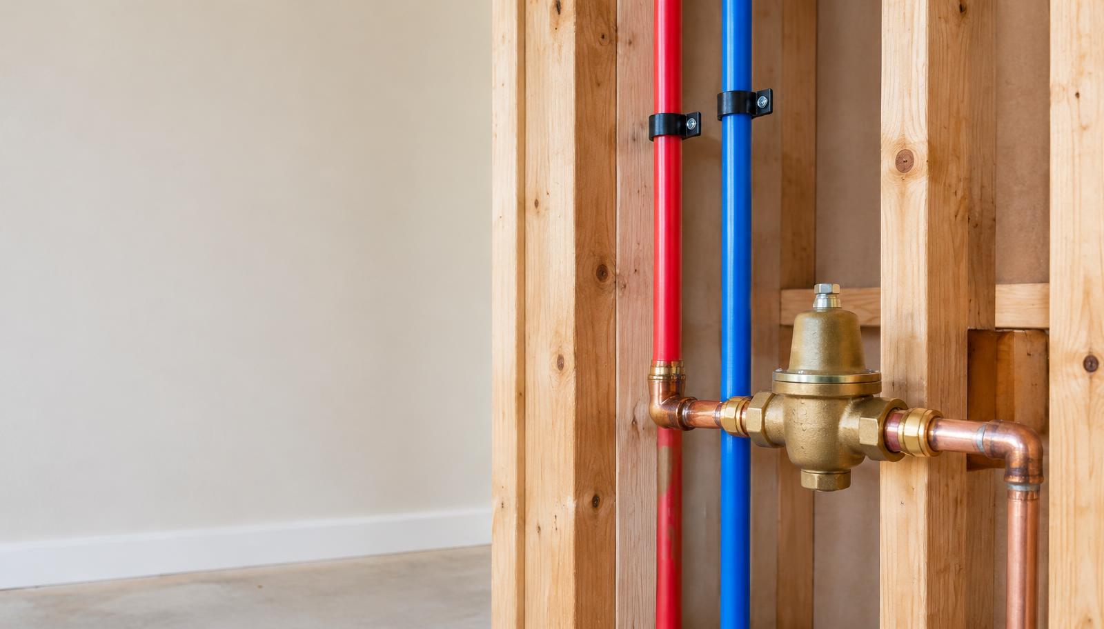 New water supply pipes secured in an open wall beside a brass pressure regulator