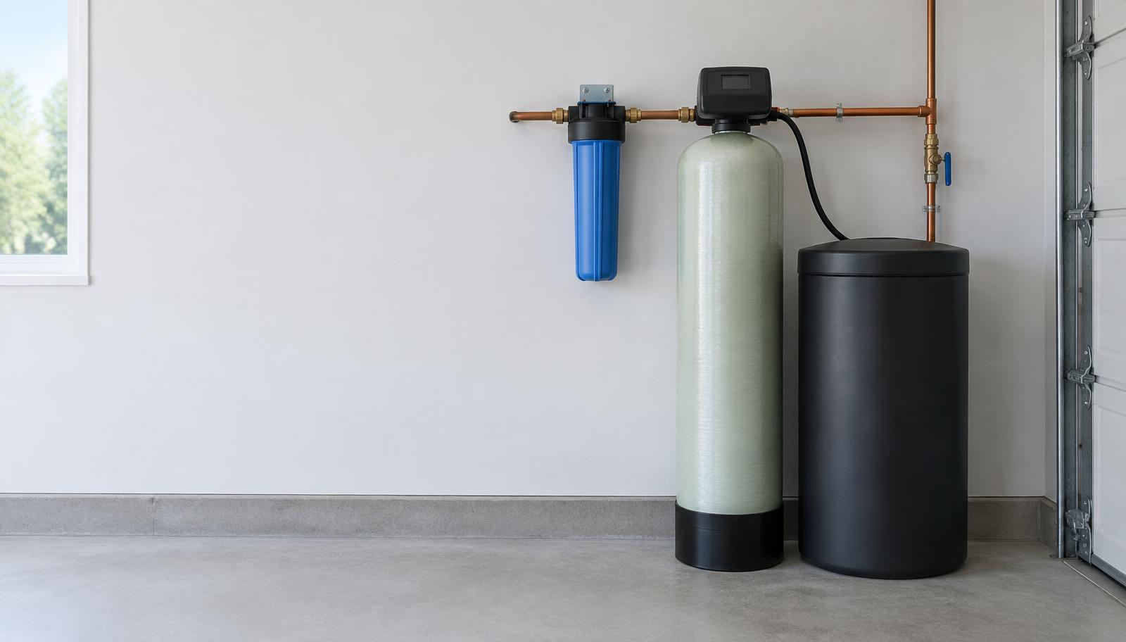 Water softener cylinder, salt tank and incoming water filter in a utility space