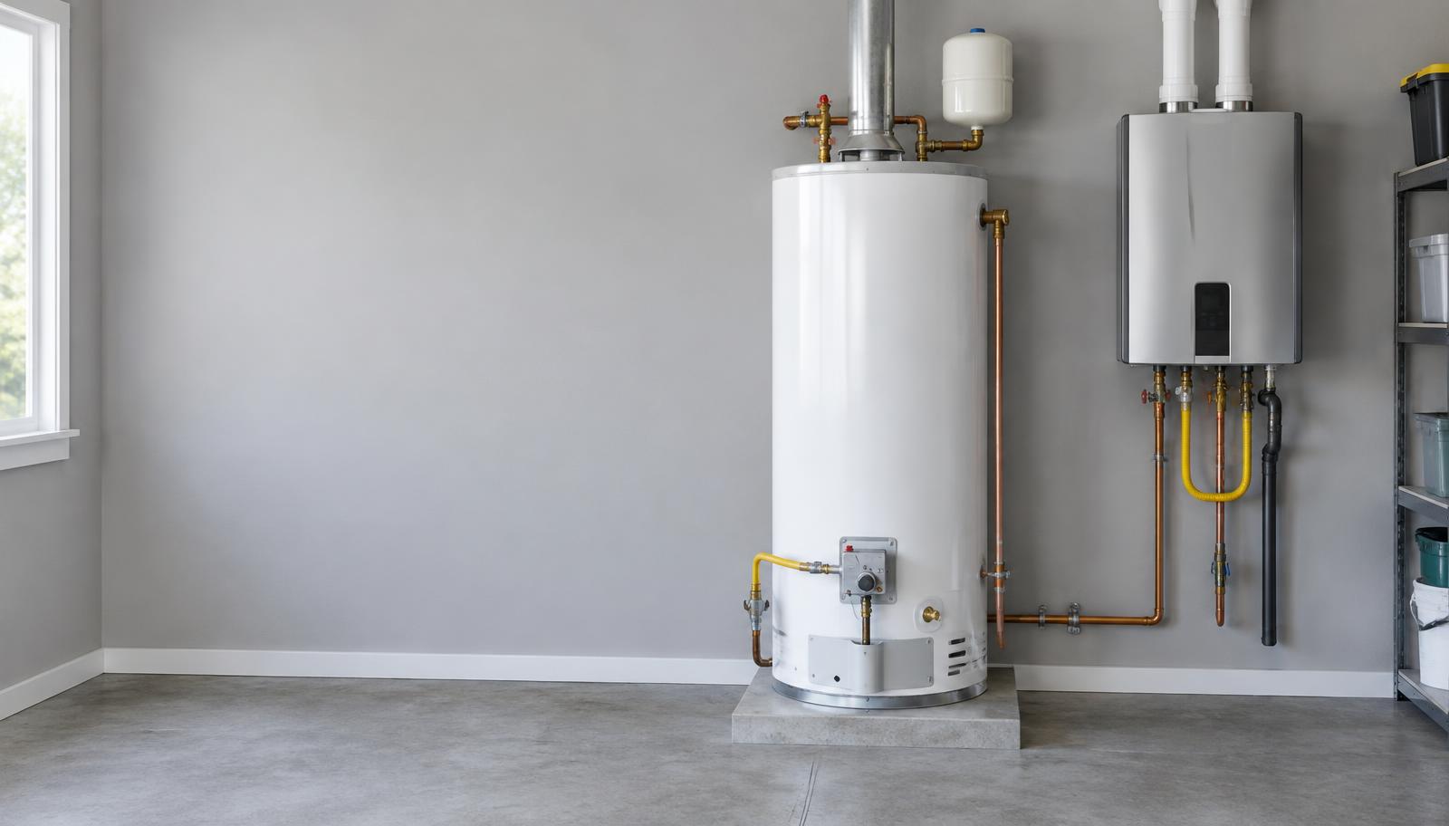Tank water heater and wall-mounted tankless heater in a garage utility area